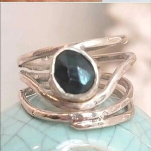 EMERALD MULTI-RING BAND HANDMADE IN STERLING SILVER METAL SIZE 8